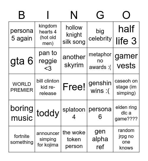 Game Awards Bingo Card