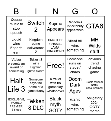 GOTY 2024 Bingo Card