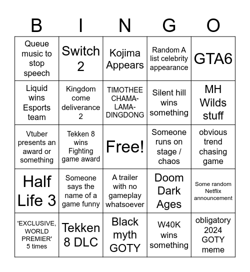 GOTY 2024 Bingo Card