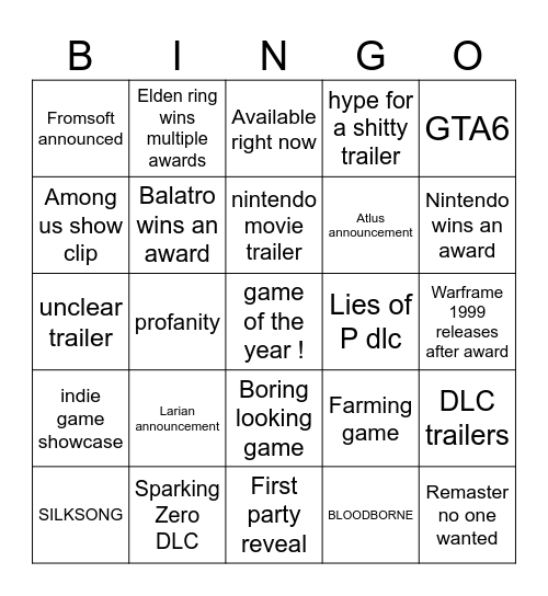 Game of the year Bingo Card