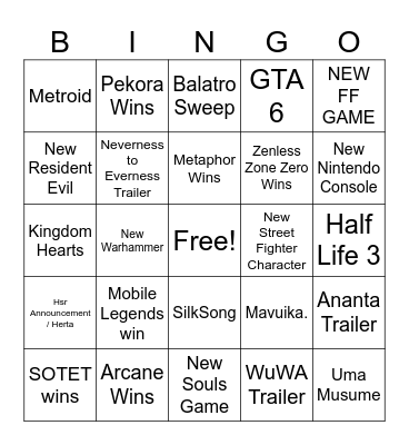 Game Awards Bingo Card