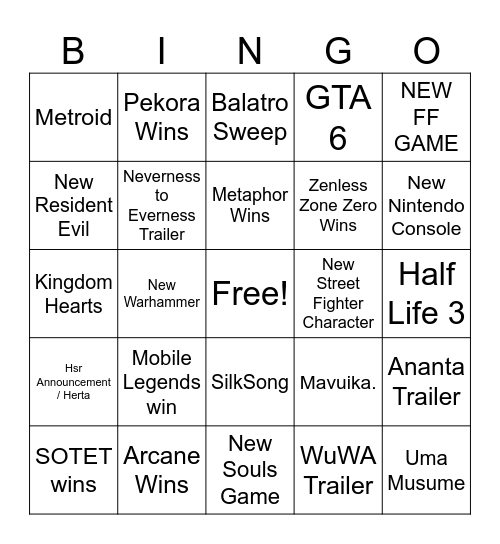 Game Awards Bingo Card