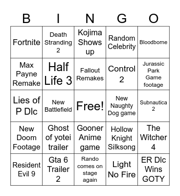 Game Award 2024 Bingo Card