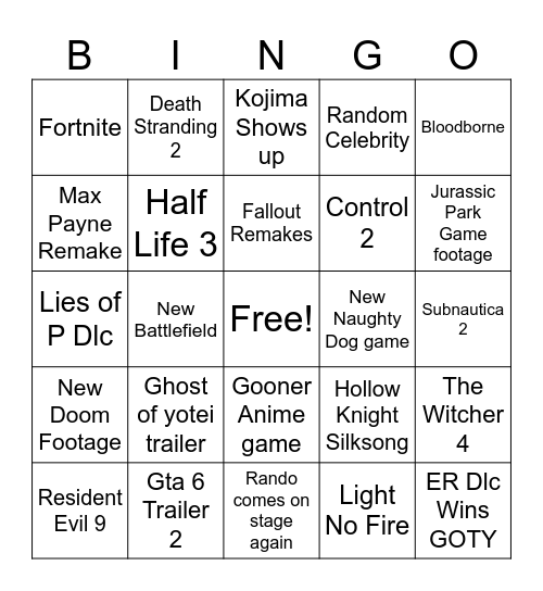 Game Award 2024 Bingo Card