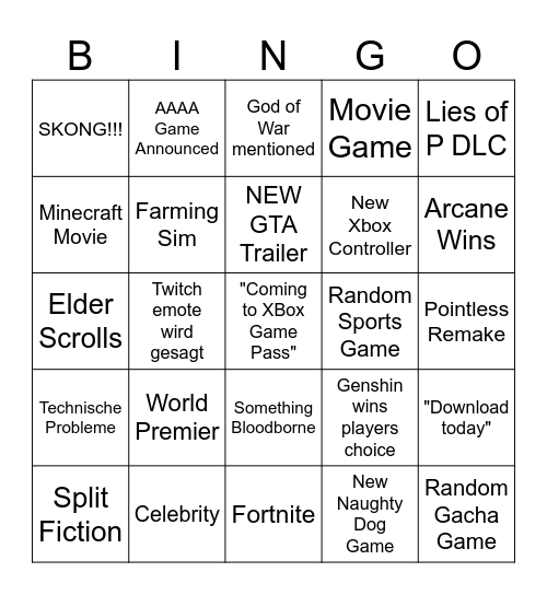 Game Wards Bingo Card