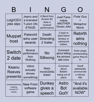 The Game Awards 2024 Bingo Card