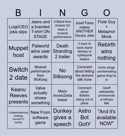 The Game Awards 2024 Bingo Card