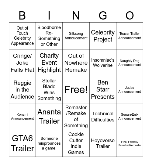 TGAS Bingo Card