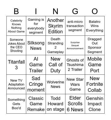 The game awards bingo Card
