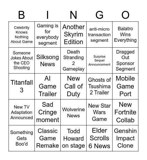 The game awards bingo Card