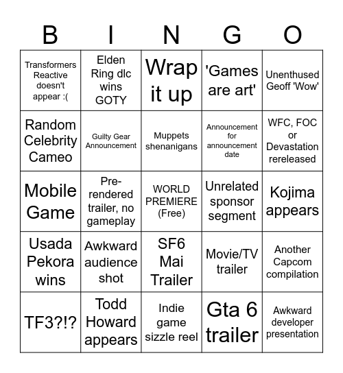 Game Awards Bingo Card