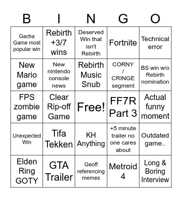 game award predictions Bingo Card