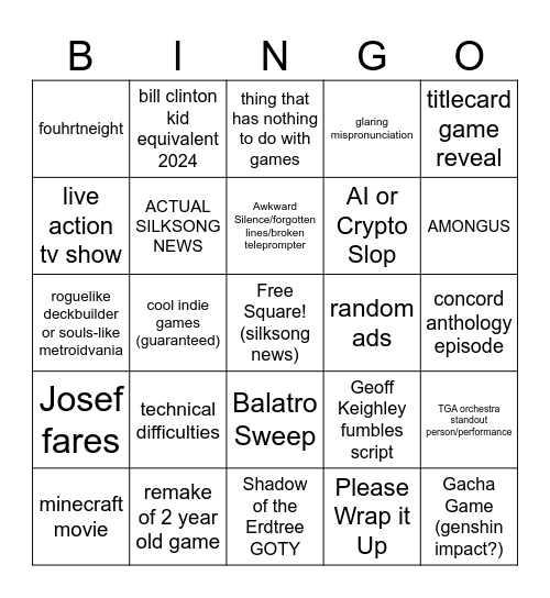 BlueSR's TGA Bingo!!! Bingo Card