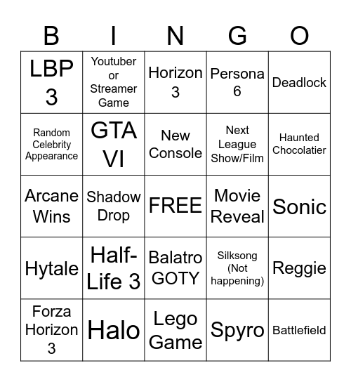 game awards 2024 bingo Card