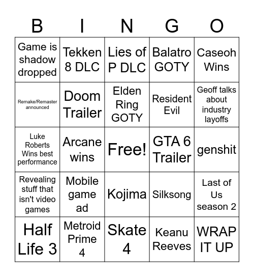 Game awards Bingo Card