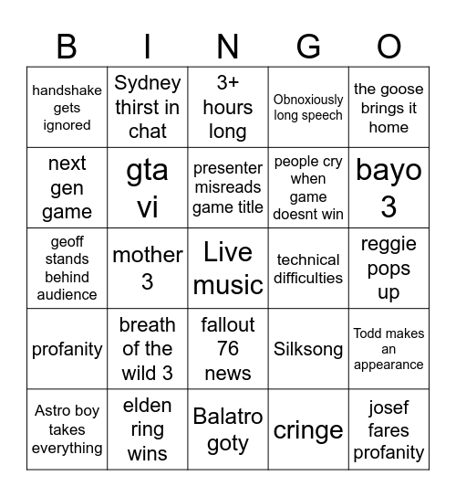 Game Awards bingo card Bingo Card