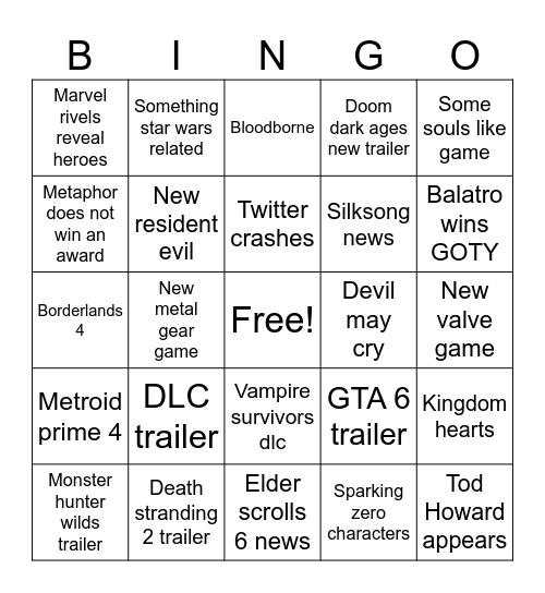 Game of the year awards Bingo Card