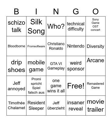 Game Awards 2024 Bingo Card