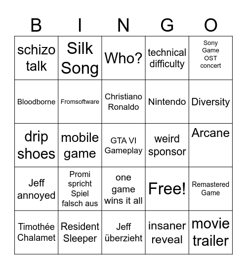 Game Awards 2024 Bingo Card