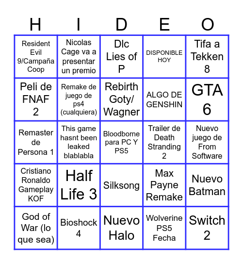 Bingo de los Game Awards Bingo Card