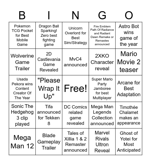 2024 Bluest Game Award Bingo Card