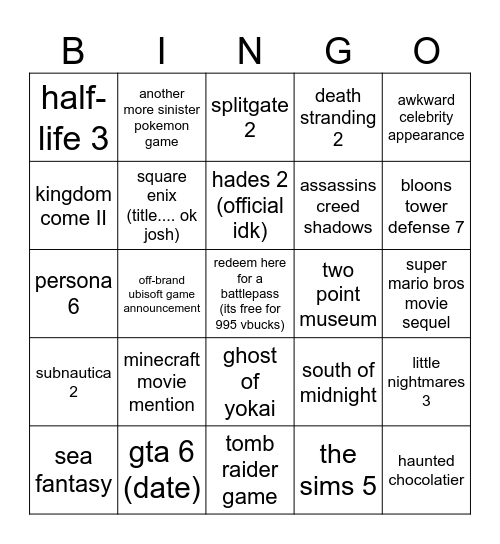 game awards bingo! Bingo Card