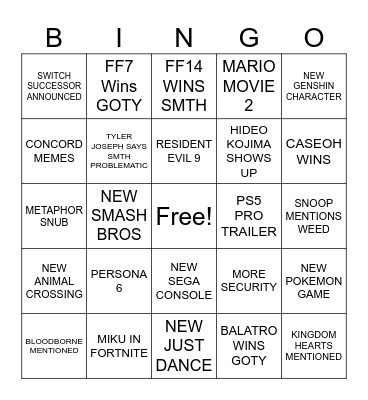 Game Awards Bingo Card