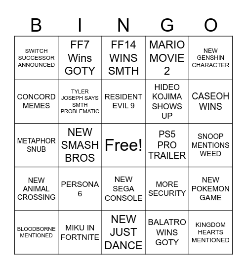 Game Awards Bingo Card