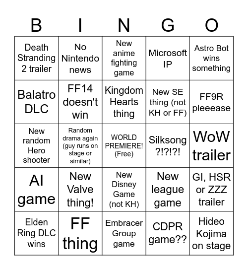 TGA Bingo! Bingo Card