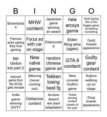 Game Announcements Bingo Card