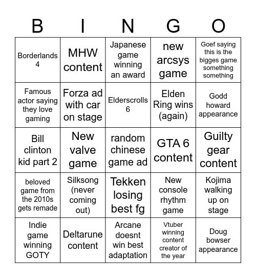 Game Announcements Bingo Card