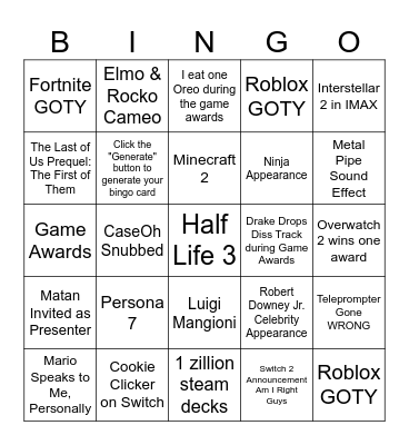 Game Awards 2024 Bingo Card