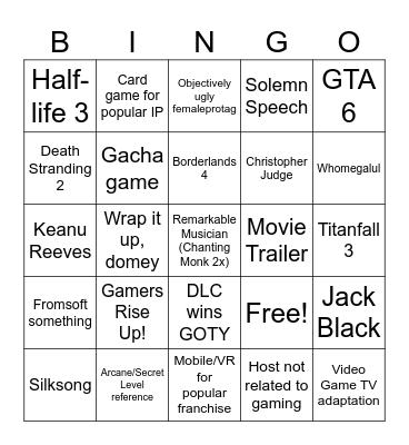 Game Awards 2024 Bingo Card