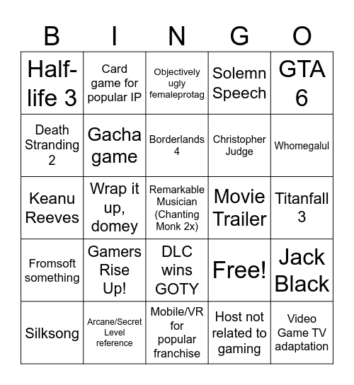 Game Awards 2024 Bingo Card