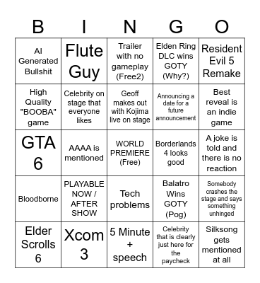 Game Awards 2024 Bingo Card