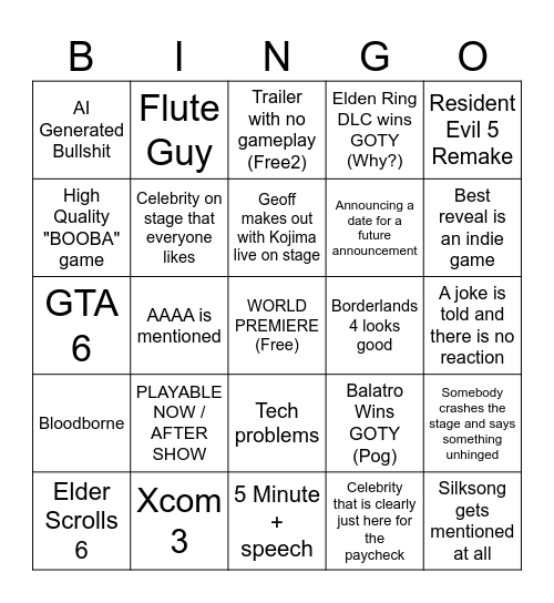 Game Awards 2024 Bingo Card