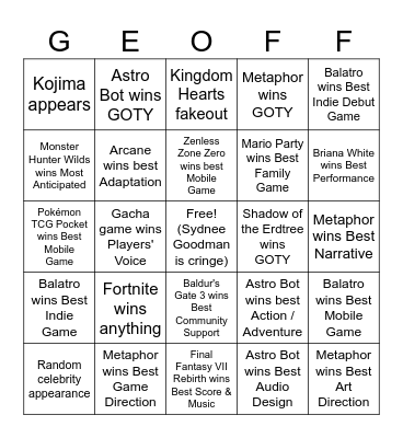 The Game Awards 2024 Bingo Card