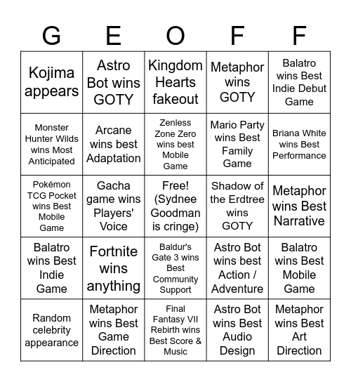 The Game Awards 2024 Bingo Card