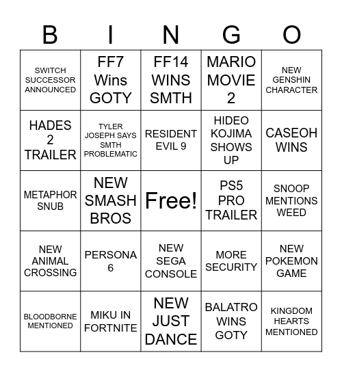 Game Awards Bingo Card