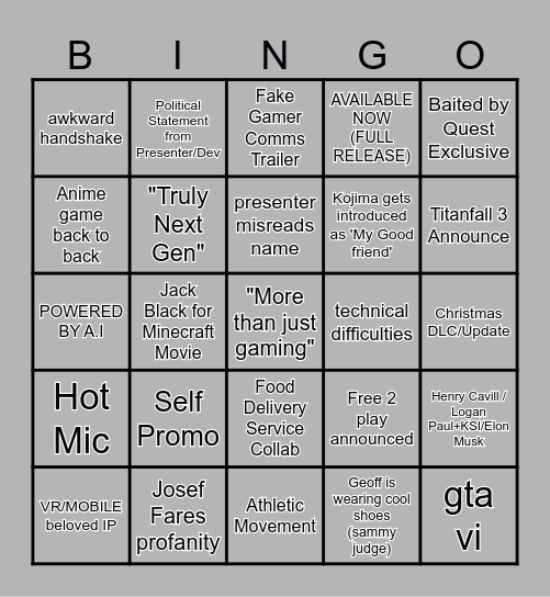 Game Awards bingo card Bingo Card
