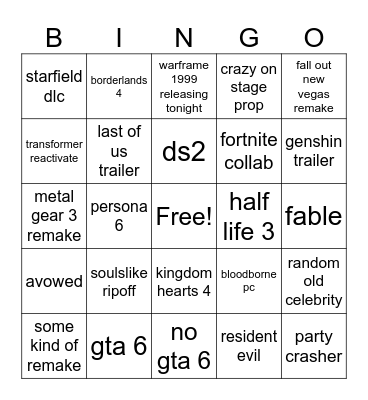 tga Bingo Card