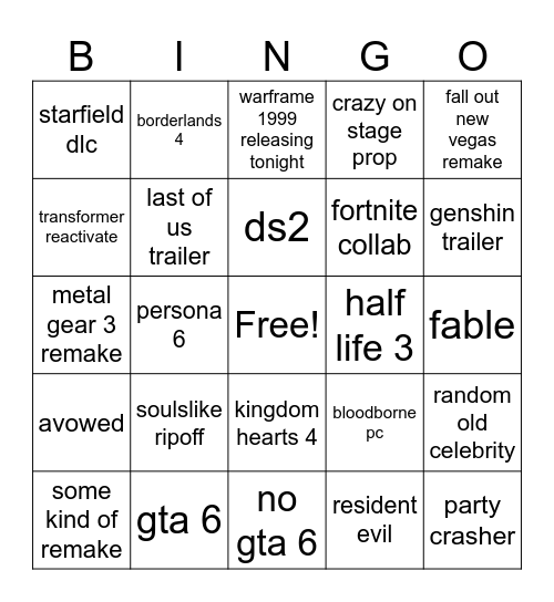 tga Bingo Card