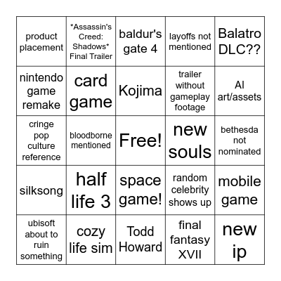 Game Awards 2024 Bingo Card