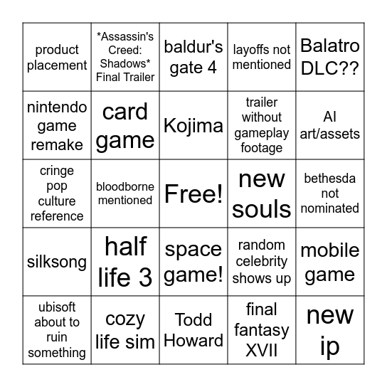 Game Awards 2024 Bingo Card