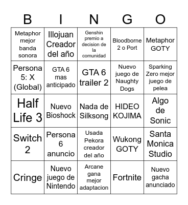 Game Awards bingo Card