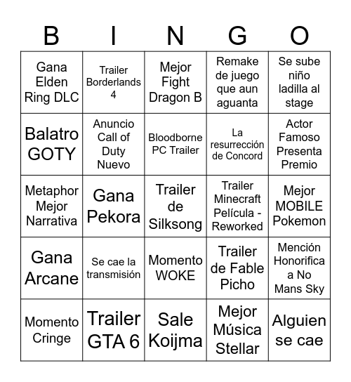 Gay Awards 2024 Bingo Card