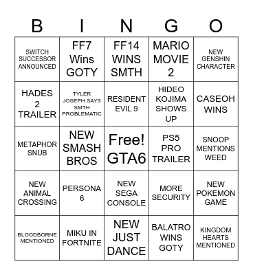 Game Awards Bingo Card