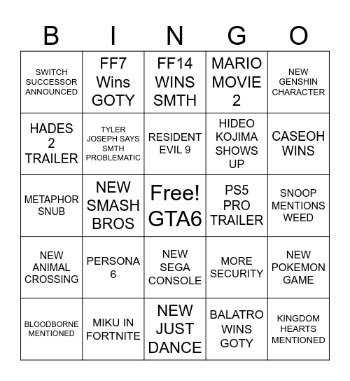 Game Awards Bingo Card