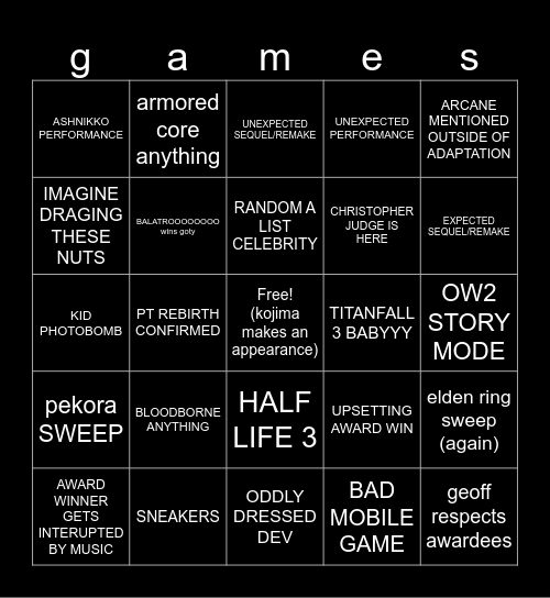 game award Bingo Card