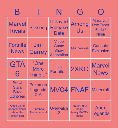 The Game Awards Bingo Card